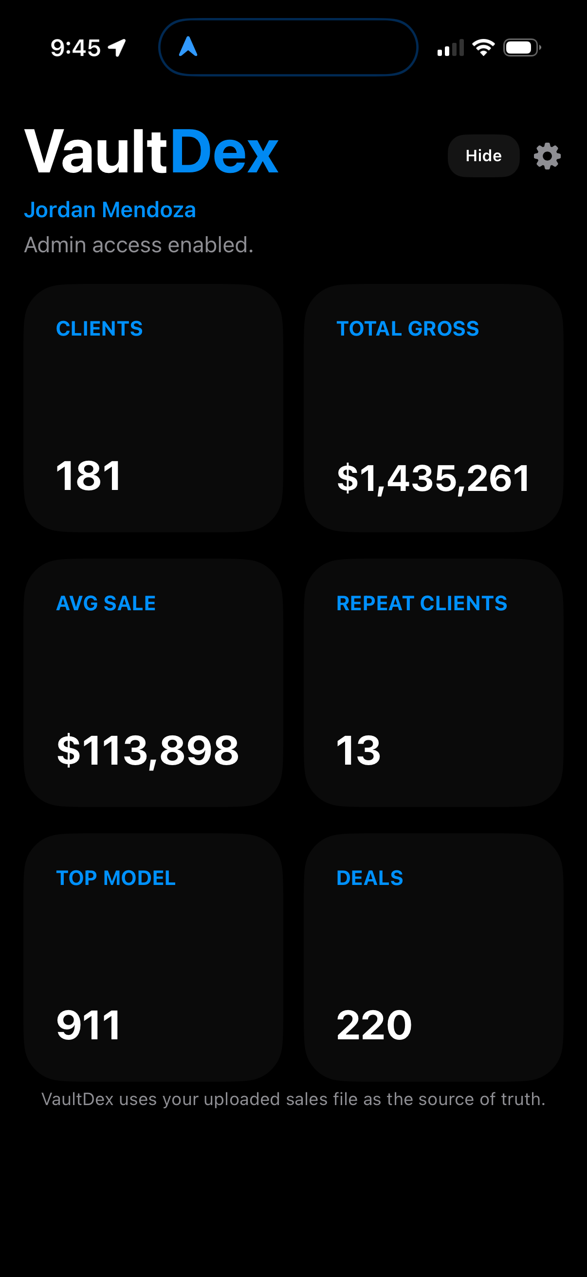 VaultDex sales dashboard